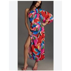 FARM Rio for Anthropologie One Shoulder Slim Red Floral Midi Dress Sz S